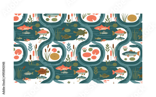 river ecosystem seamless pattern, freshwater rivers with fish, turtles, lily pads, reeds and surrounding vegetation arranged in a repeating pattern, white