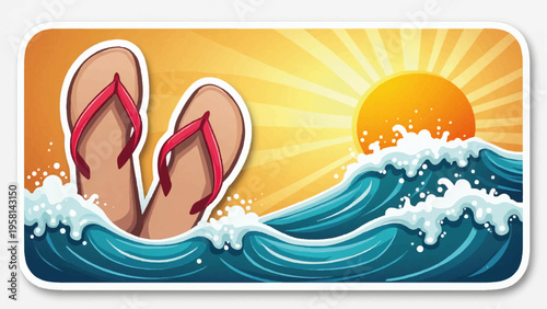 Vector summer flip flops in ocean wave with sunny background
