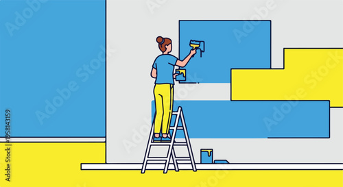 Stylized person on ladder painting a wall with blue paint and yellow accents