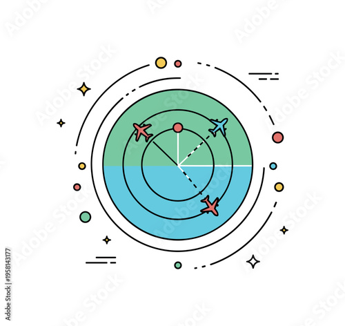 Radar guidance system concept illustrating a circular radar display with a moving sweep line and small aircraft markers, symbolizing real time tracking and