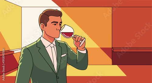Stylish man in a green suit sips red wine in a minimalist, warm-toned interior