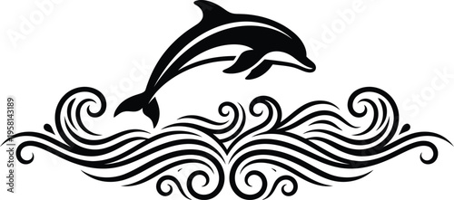 Stylish black and white tattoo-inspired illustration of a dolphin leaping in the ocean waves

