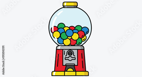 A colorful, cartoon-style gumball machine filled with red, blue, yellow, and green gumballs