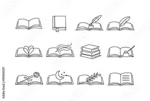 Poetry Book. Minimalistic set one-line drawing open poetry book, closed book with bookmark, quill and book, book with feather, book with heart page, book with