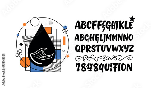 large water droplet containing small wave inside abstract circles lines and geometric blocks representing depth and fluidity black and white retro droplet