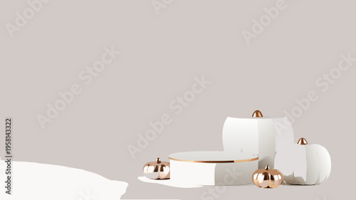 Minimalist still life featuring white pumpkins and golden accents on gray