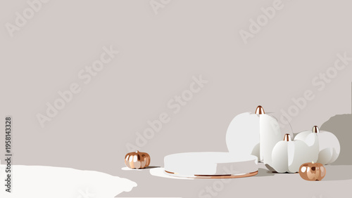 Minimalist autumnal display featuring white pumpkins and golden accents