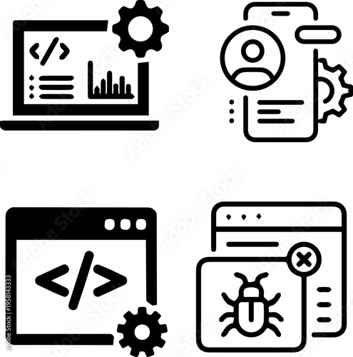 Software Development and Web Programming Linear Icon Set: Mobile App Coding, Web Backend, Bug Testing and System Optimization