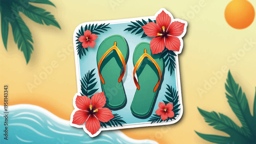 Vector illustration of green flip flops with tropical flowers