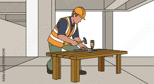 Construction worker hammering into wooden table with tool on construction site