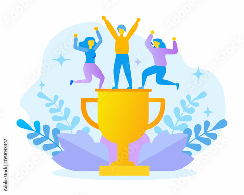 Celebratory people jumping on a large golden trophy achieving success