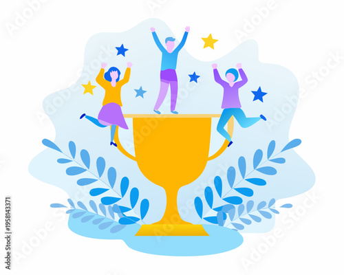 Celebrating success joyful people jumping on a large golden trophy