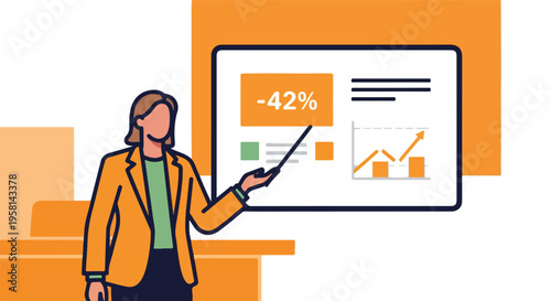 Business presentation on a screen showing a decrease of 42% and rising graph