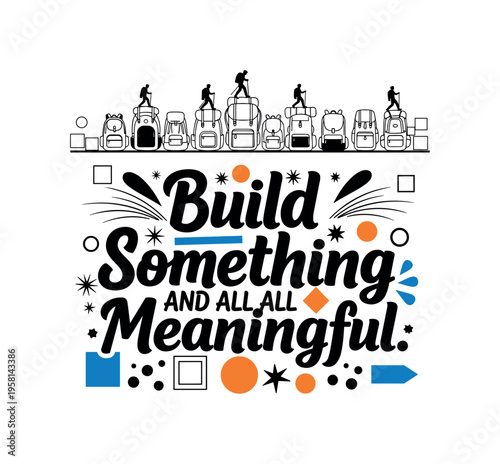 backpacks arranged in a row with small walking figures above abstract circles lines and geometric blocks representing group expedition black and white retro