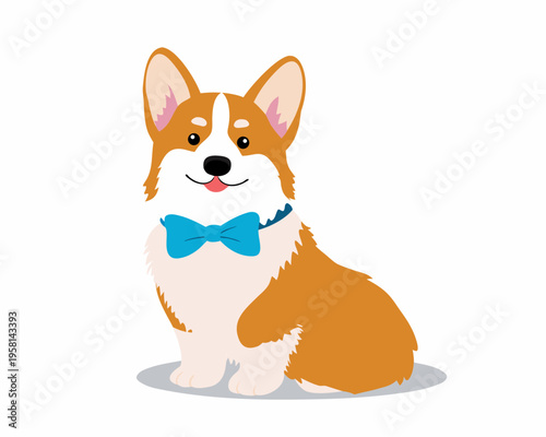 A charming corgi dog sits politely wearing a stylish blue bow tie
