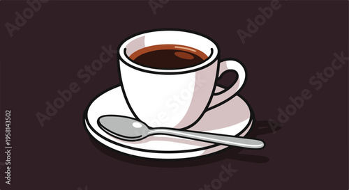 A stylized illustration of a white cup filled with dark coffee, placed on a saucer with a spoon