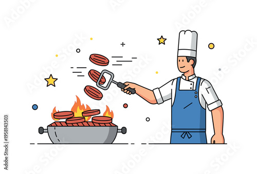 Grill master flipping multiple patties while flames rise subtly, showcasing speed, coordination, and precision in a lively barbecue setting. Minimalist flat