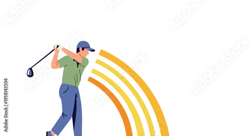 A golfer swings at a ball with colorful arc lines emanating outward