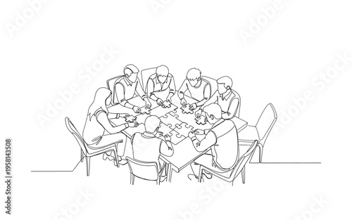 Puzzle Night. Minimalistic one-line drawing group gathered around a table working on a large puzzle, continuous single black line on white background, simple