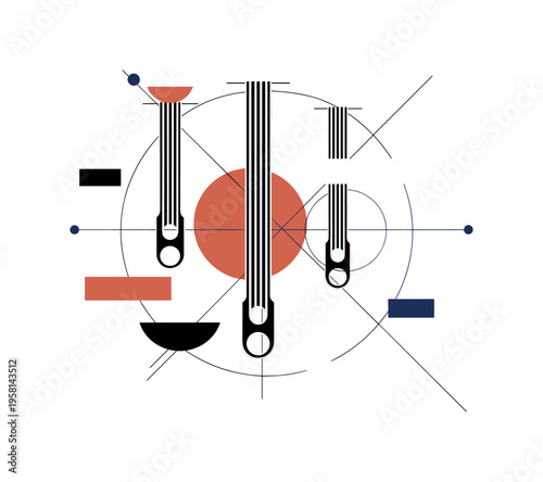 conceptual craft collage with black and white fabric ribbons hanging vertically, cut-out effect with white contour outline, bold terracotta sun circle behind