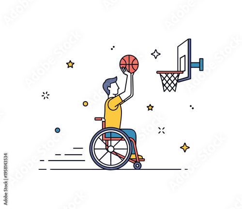 Wheelchair basketball competitive moment where a player in a sports wheelchair raises the ball for a confident shot toward a small hoop symbolizing teamwork