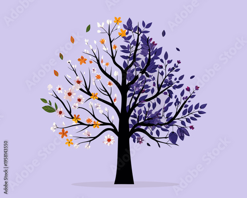 A stylized tree displaying the changing colors of all four seasons