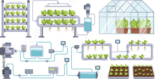 Hydroponic farming system with greenhouse and automated irrigation, modern agriculture technology growing plants without soil flat vector illustration collection