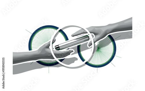 black-and-white hands passing a product in a circular motion between them, abstract circular frames and radial lines reinforcing the loop concept, green and