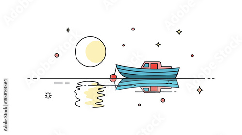 Moonlight reflection near small boat quiet boat resting on still water while the moon and its reflection illuminate the peaceful night scene. The illustration