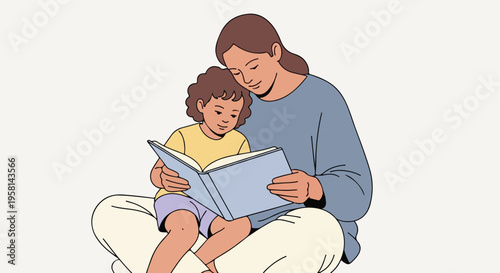 A woman reads a book to a child, both are sitting in a relaxed, cross-legged position