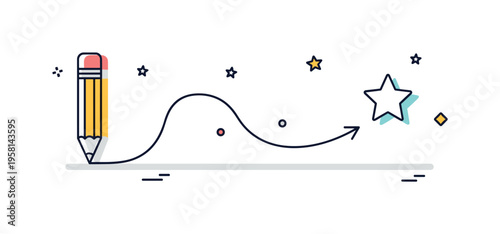 Trace line drawing concept a single curved path leading from a pencil tip to a simple star symbol, expressing the idea of following a mark or recreating a
