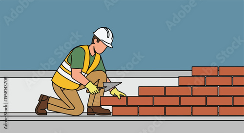 A construction worker in safety gear kneels to lay bricks with a trowel