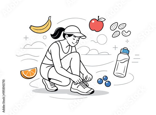 Healthy athlete lifestyle. Runner tying shoes with fruits, nuts, and water bottle floating in harmony. Active, positive feeling connecting movement and