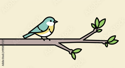 Cute cartoon bird with blue and yellow plumage perched on a brown branch