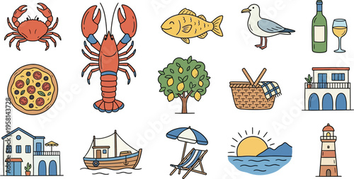 Seafood Menu Icon Collection with Lobster, Crab, Shrimp, Fish, Octopus, Squid, and Nautical Symbols like Anchor, Lighthouse, and Boat. Perfect for Restaurant Branding and Coastal Food ..

