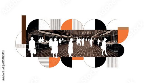 cobblestone market square with merchants abstract semicircles lines and geometric blocks symbolizing daily life in historical period black and white retro
