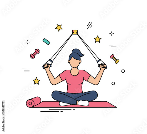 Home workouts fitness enthusiast using resistance bands while seated on a yoga mat representing strength, flexibility, and at-home training. Decorative stars