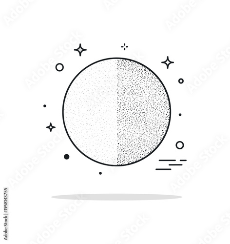 Grainy texture modern design element featuring a simple circle partially filled with fine speckled noise. The visual metaphor suggests subtle imperfection and