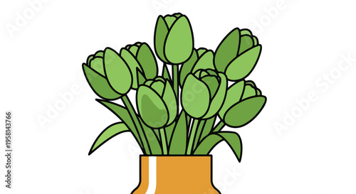 A stylized illustration of several unopened green tulip buds in a simple orange vase