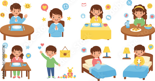 Kids daily routine set with eating, playing, praying and sleeping activities, children lifestyle scenes at home cartoon vector illustration collection