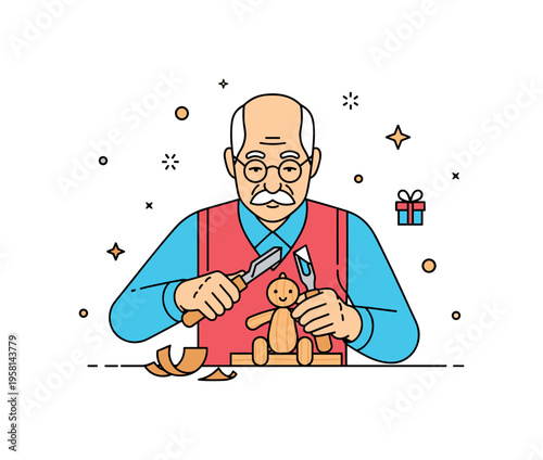 Grandfather carving wooden toy grandfather shaping a small wooden toy with simple carving tools while wood shavings rest nearby. The scene reflects