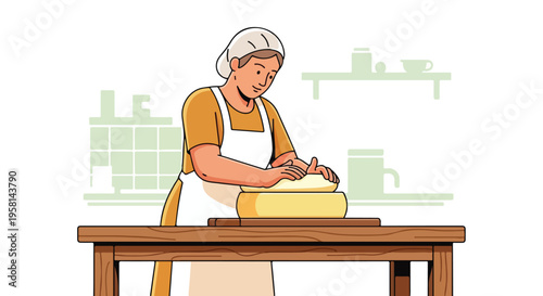 A chef in a hat and apron prepares dough on a wooden table