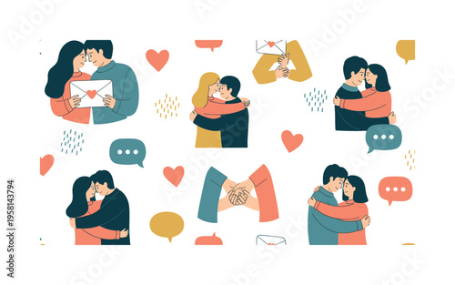 romantic connection seamless pattern, couples sharing letters, hugs, hands intertwined, hearts and speech bubbles arranged in a repeating pattern, white