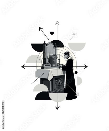 priest at altar, geometric semicircles arrows and abstract shapes illustrating ritual and devotion, black and white retro realistic figure layered with cut-out