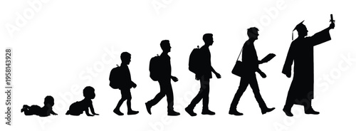 Silhouette of man life cycle from baby to graduate flat vector illustration. Male education stages side view characters walking in row silhouettes set vector infographic.