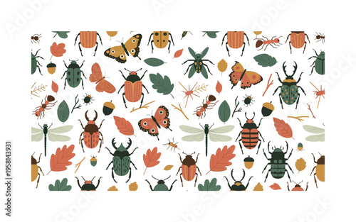 woodland beetles and bugs seamless pattern, colorful beetles dragonflies butterflies and ants surrounded by leaves acorns and twigs arranged in a repeating