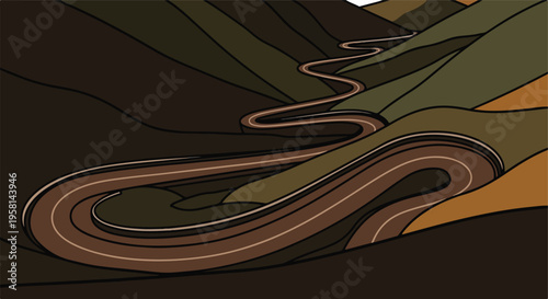 A winding road carves through a landscape of layered brown and green hills