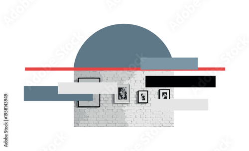Black and white whitewashed brick wall with minimal framed artwork, large muted blue semicircle framing upper section, thin red horizontal stripe dividing