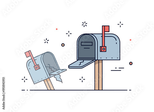 Mailbox replacement after damage where a sturdy new mailbox stands upright while the old tilted box fades into the background, symbolizing restoration and