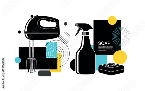 sparkling clean surfaces with geometric shine abstract circles lines and shapes representing hygiene and order black and white retro objects with white outline